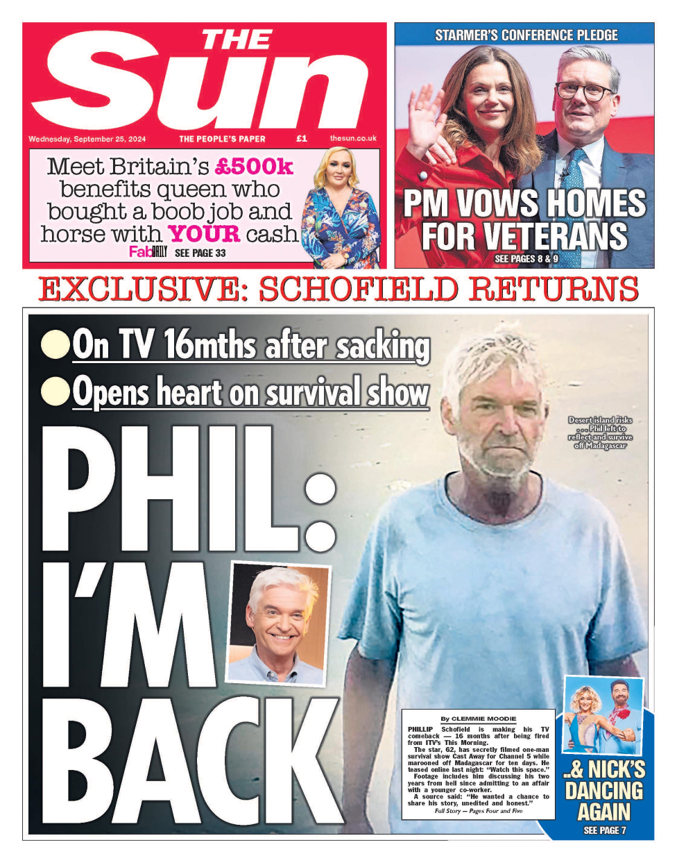 The front page of the Sun. The headline reads: 'Phil: I'm back'.