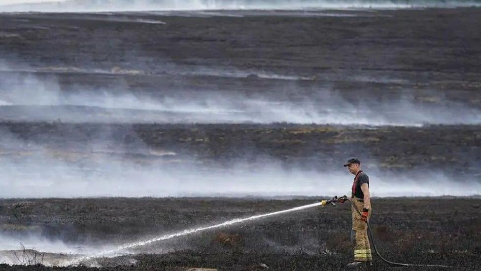 A firefighter stands with a hose, spraying water on smoking moorland.