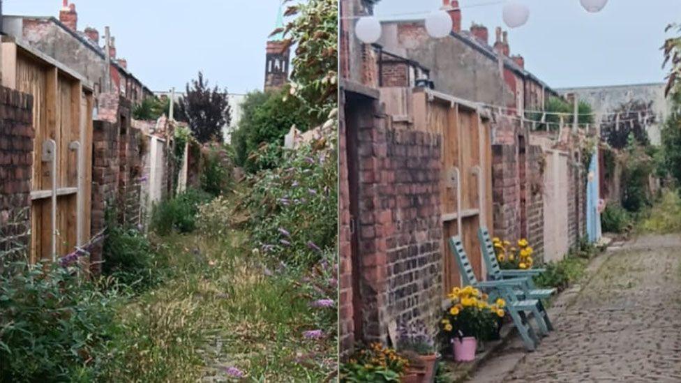 A before and after photograph showing the alleyway transformation from being over grown to a garden seating space with chairs and potted plants.