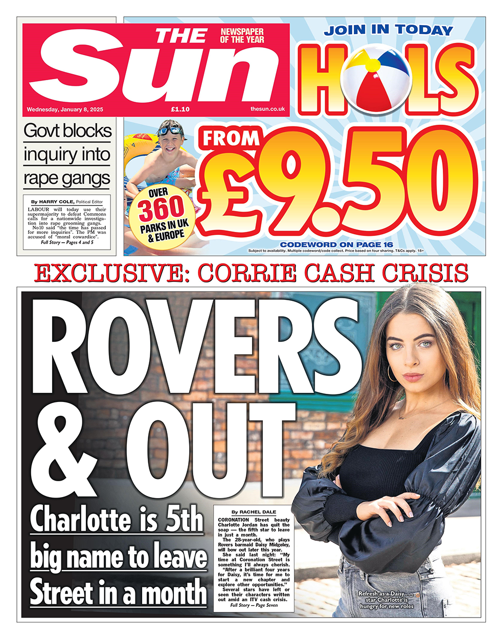 The headline in the Sun reads: "Rovers & out: Charlotte is 5th big name to leave Street in a month". 