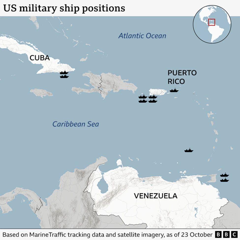 Map showing US military ship positions near Venezuela.