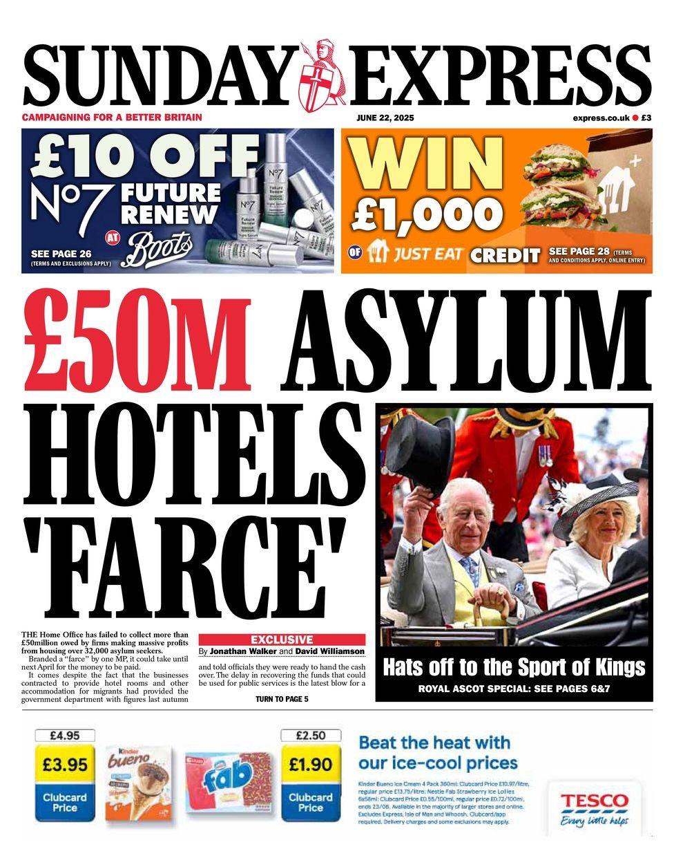 The headline on the front page of the Sunday Express reads: "£50m asylum hotels 'farce'"