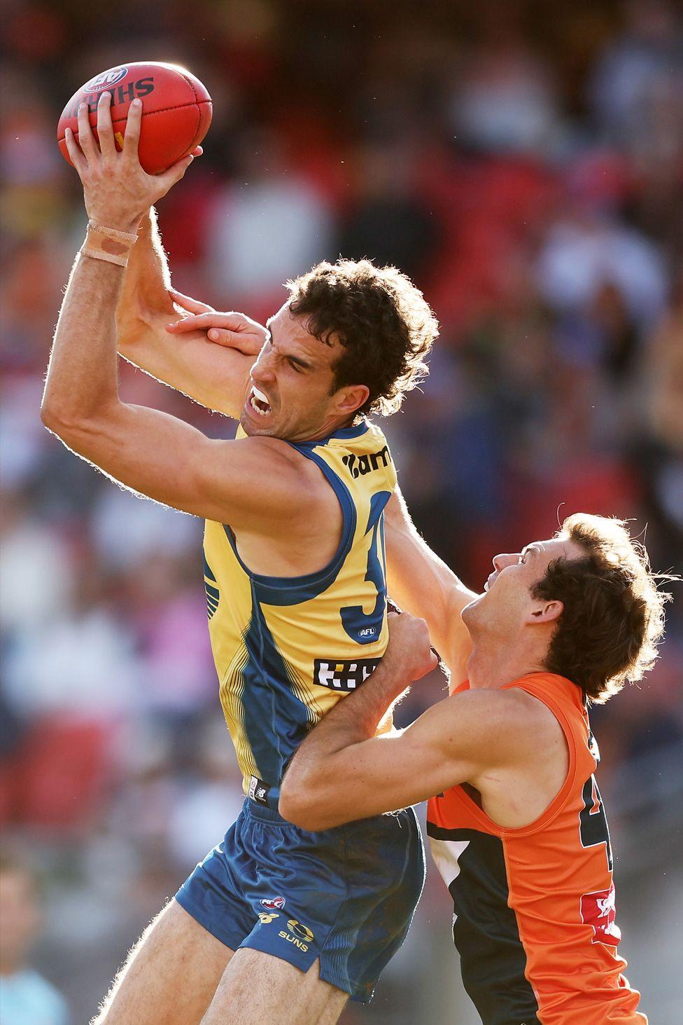 Ben King marks the ball during the AFL match between Greater Western Sydney Giants and Gold Coast Suns  in Sydney. Photo by Matt King