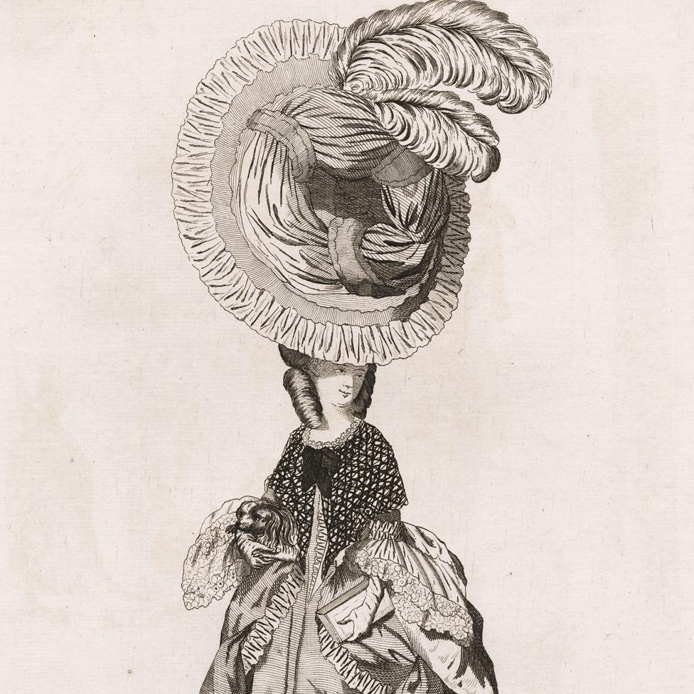 A drawing of a Georgian lady with an absolutely enormous hat.