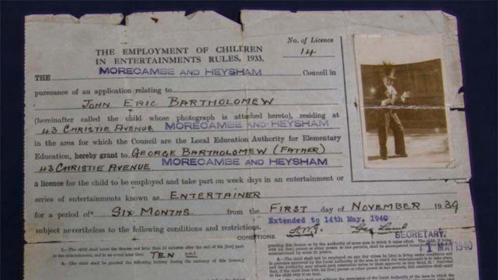 Eric Morecambe's licence, issued by the Morecambe and Heysham Local Education Authority, to be employed as a child entertainer from 1939 