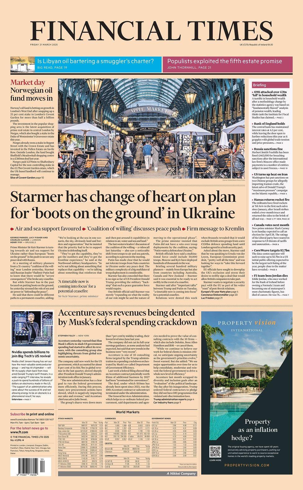 Front page of the Financial Times for Friday 21 March 2025.