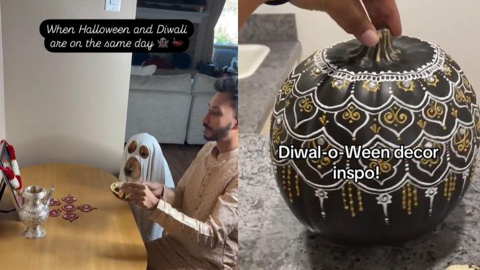 Two screen grabs of two tiktok videos. On the left, there is a man ringing a small gold bell in front of a photograph and a silver cup, while next to him sits a dog dressed as a ghost, with a sheet over its head. On the right, there is a black artificial pumpkin with white and gold mehndi designs painted on it