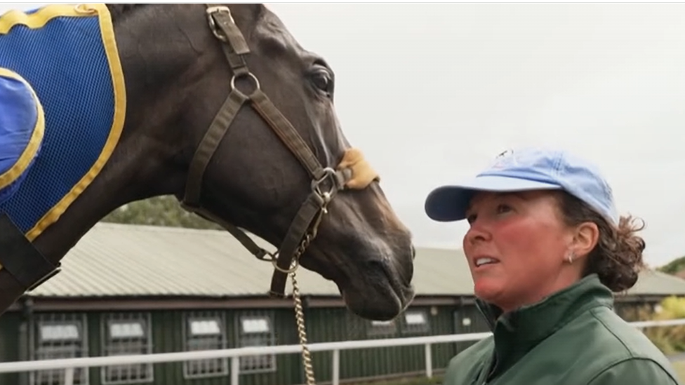 A woman in a green rain jacket and light blue baseball cap, face to face with a horse which she is holding by its halter.