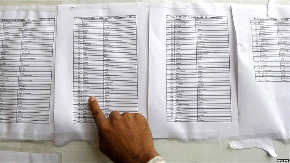A man searches the passenger list of an Airblue plane at the Pakistan Institute of Medical Sciences Hospital