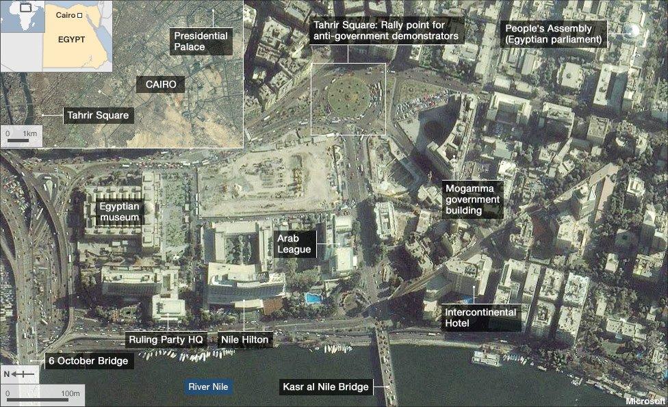 Map showing key Cairo protest locations