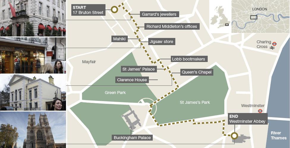 Map of royal wedding walking tour in London