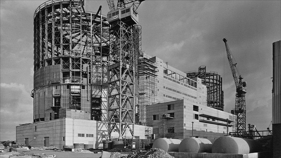 Oldbury Power Station - reactor 1 (near) and reactor 2 being built