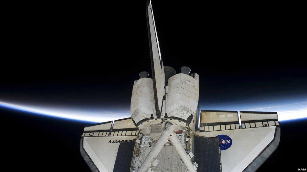 Space Shuttle Discovery is shown intersecting the thin line of Earth's atmosphere