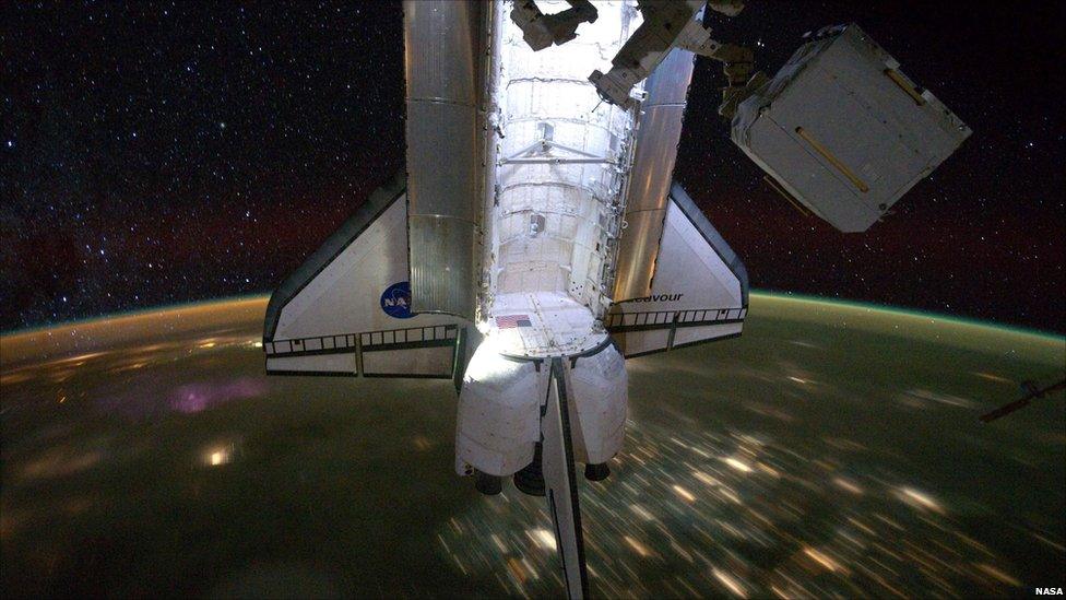 Space Shuttle Endeavour is seen docked to the International Space Station, 2011