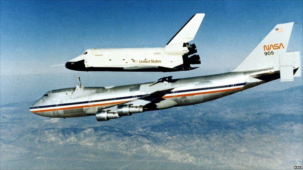 Space Shuttle prototype Enterprise rises from the 747 Shuttle Carrier Aircraft, 1977