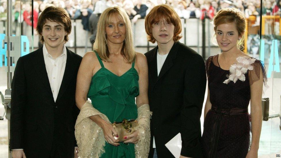 Actor Daniel Radcliffe, writer J K Rowling and actors Rupert Grint and Emma Watson attend the UK Premiere of Harry Potter And The Prisoner Of Azkaban at the Odeon Leicester Square on May 30, 2004 in London