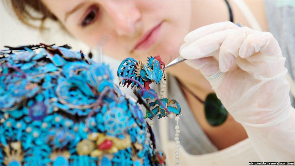 Theatrical headdress made from blue kingfisher feathers