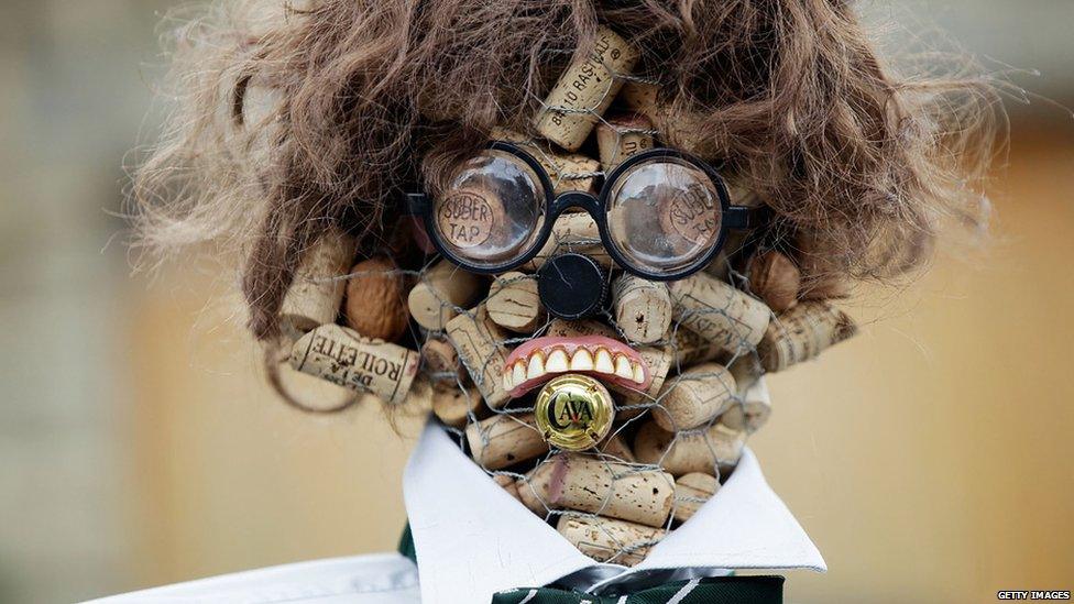 A scarecrow made out of corks at the annual scarecrow festival in Kettlewell.