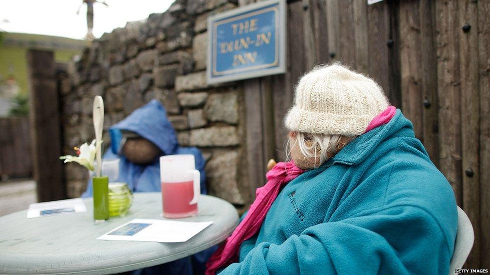 Two scarecrows waiting for tea at the annual festival in Kettlewell.