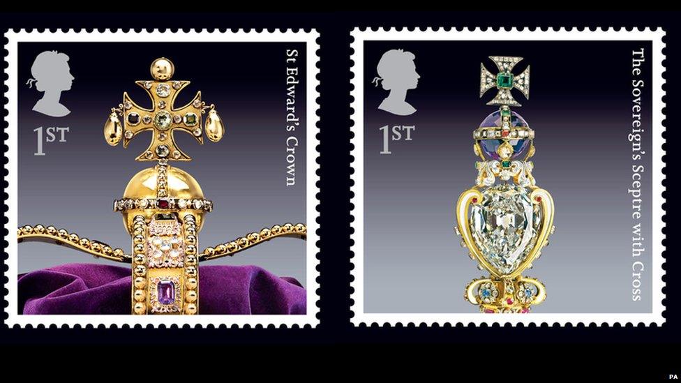 Two stamps showing some of the crowns kept in the Tower of London.