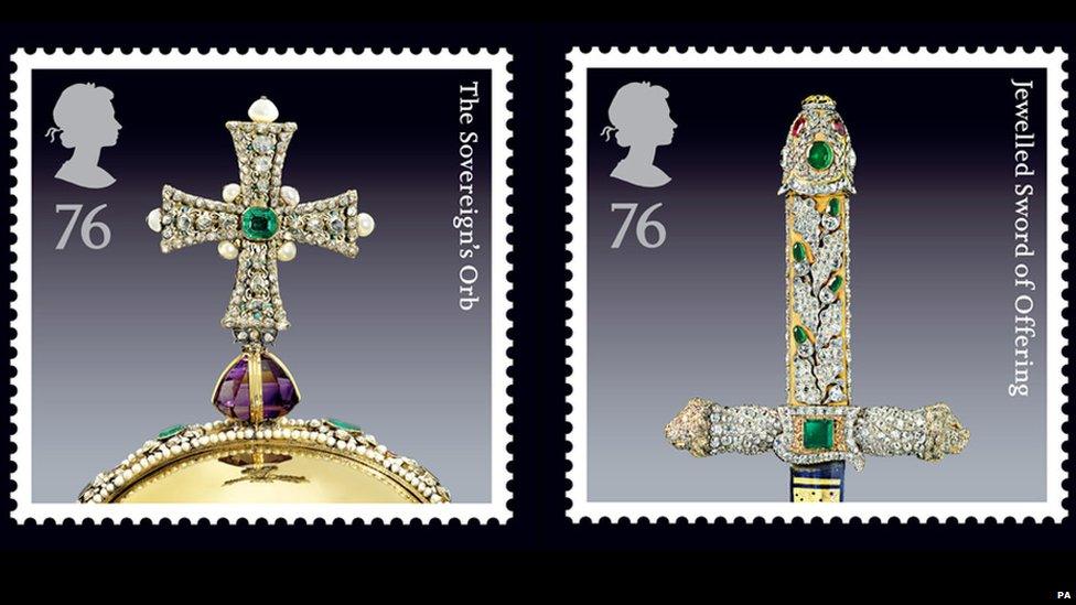 Stamps showing the Sovereign's Orb and a jewelled sword.