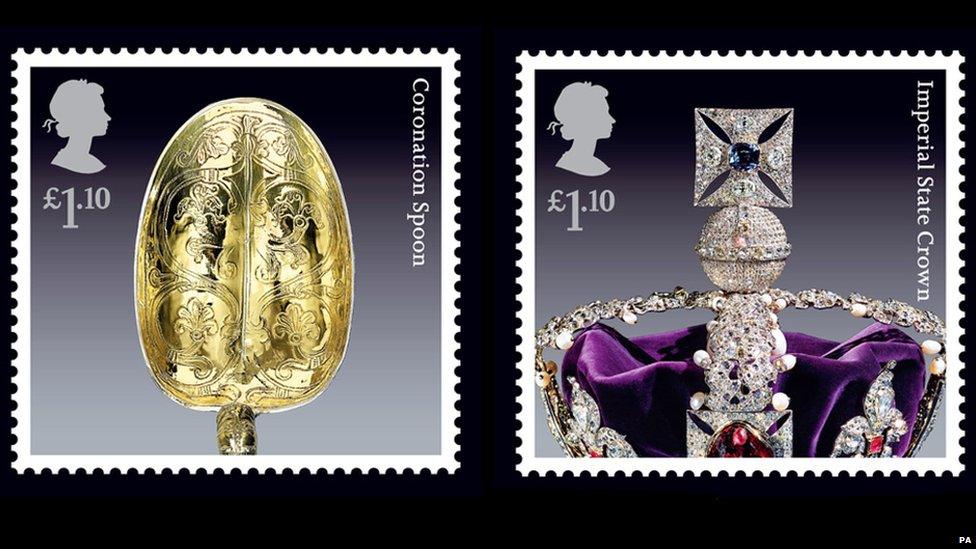 Two stamps showing a crown and a coronation spoon.