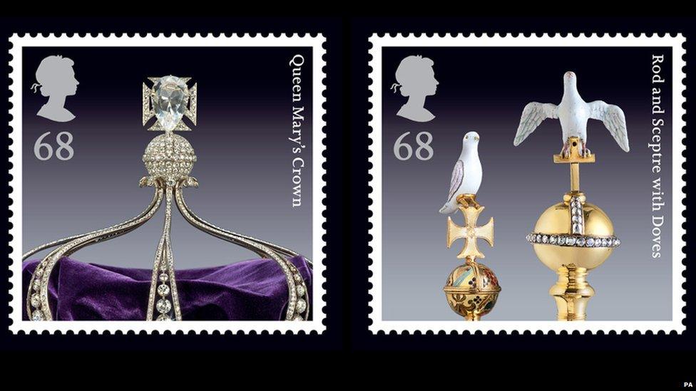 Stamps showing the Sovereign's Orb and a jewelled sword.