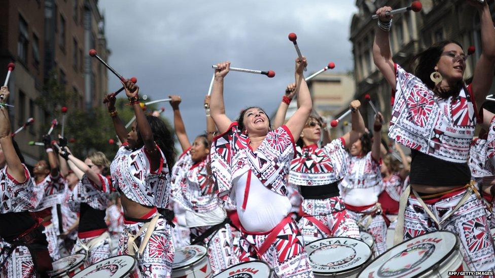 Drummers performing at the Notting Hill Carnival, in London