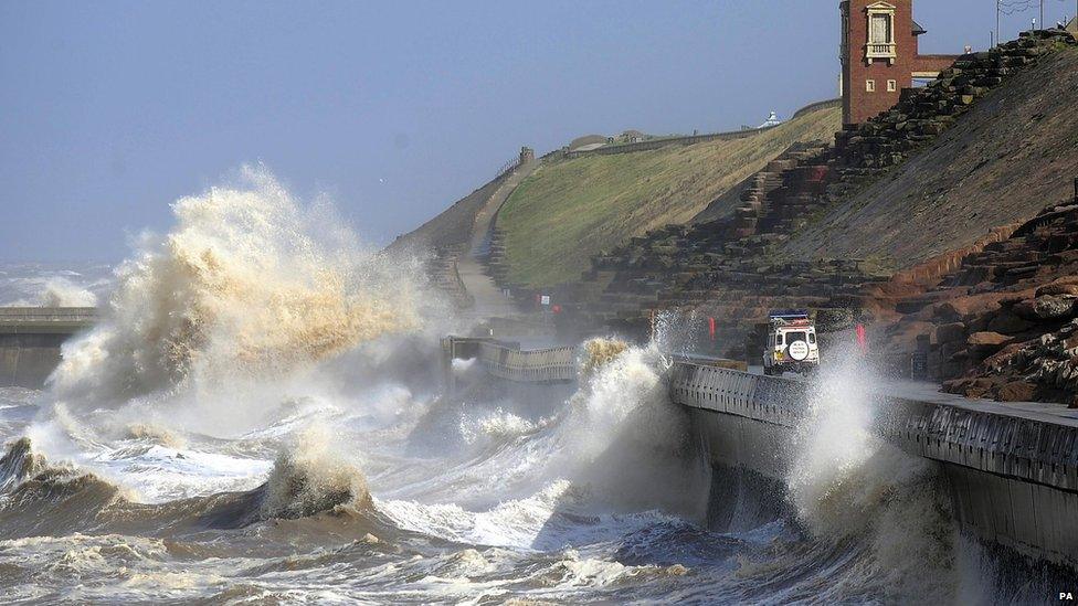 Waves crash on the Blackpool coast.