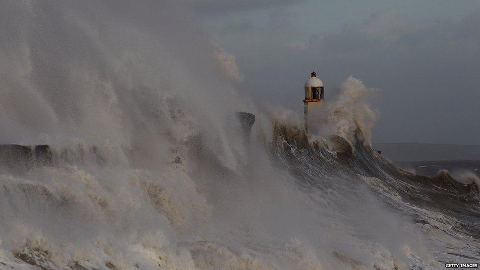 Waves in Porthcawl, south-east Wales, caused by strong winds