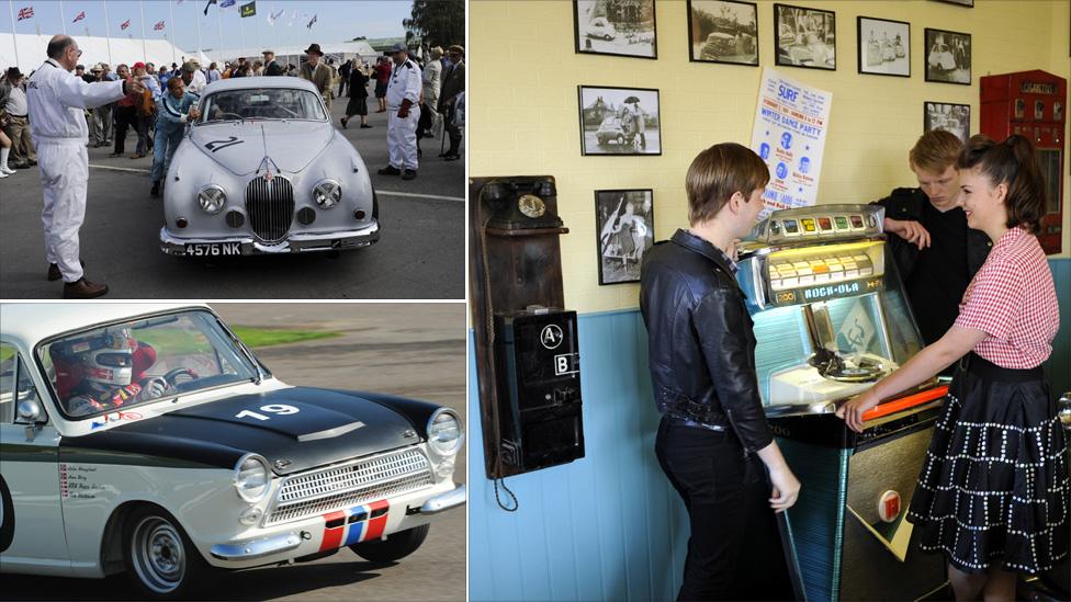 A composite image of cars and people standing at a jukebox