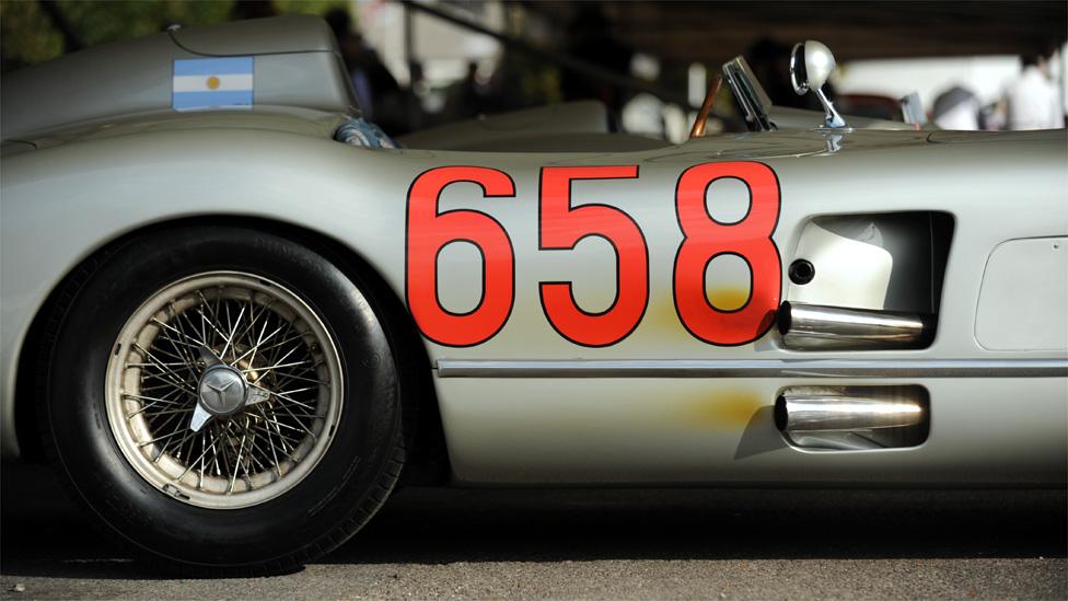 A close up of the side of a Mercedes-Benz racing car