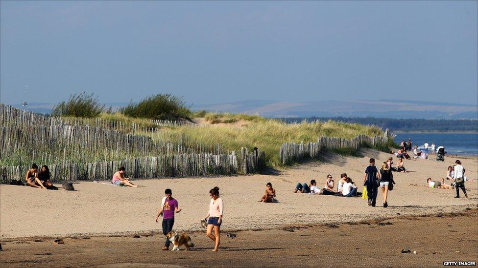 Walkers on St Andrews beach in Scotland