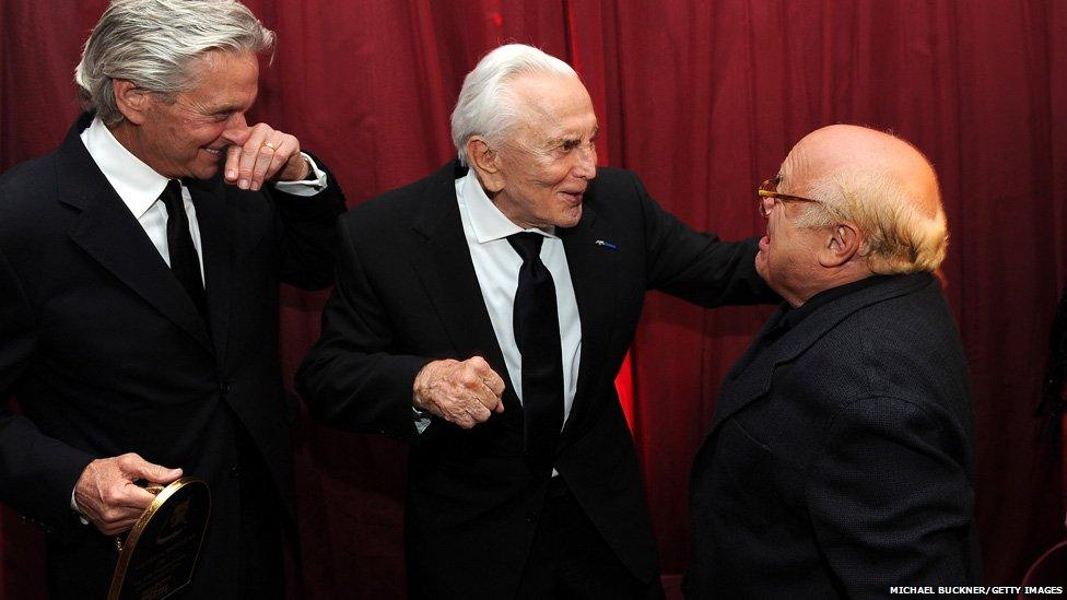 Actor Michael Douglas, actor Kirk Douglas and actor Danny Devito in Santa Barbara, California