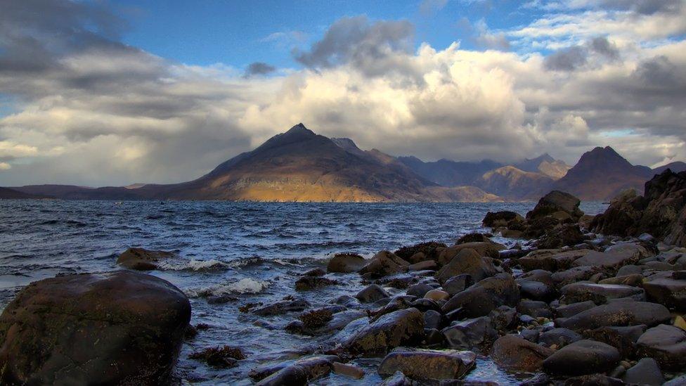 Loch Scavaig on Skye with view to the Black Cuillin Hills.