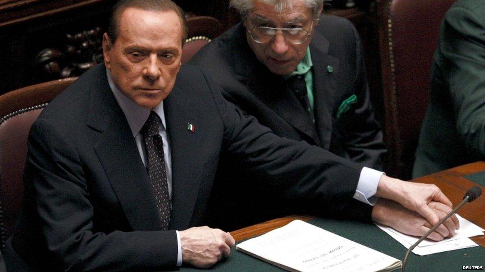 Silvio Berlusconi with Umberto Bossi in the Italian parliament, 8 November 2011