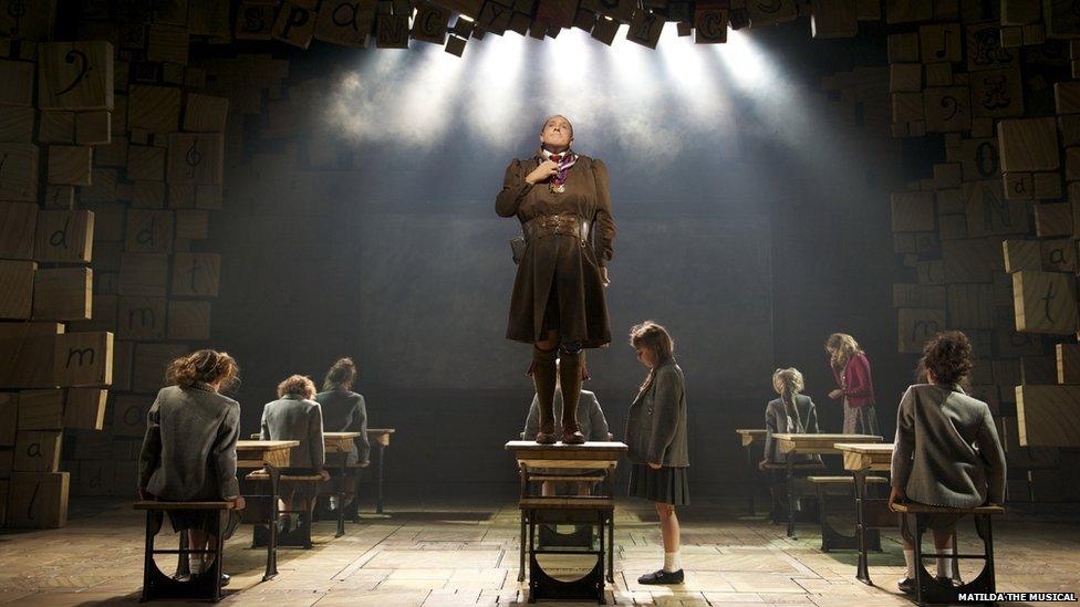 Scene from Matilda where headteacher stands on desk with downcast pupils around her