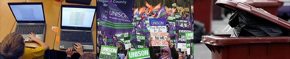 Montage of a school, protest in Cardiff and waste collection