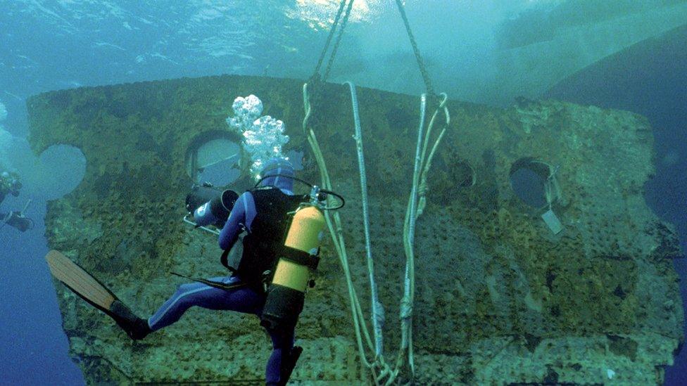 Diver looking at piece of ship's body under water.