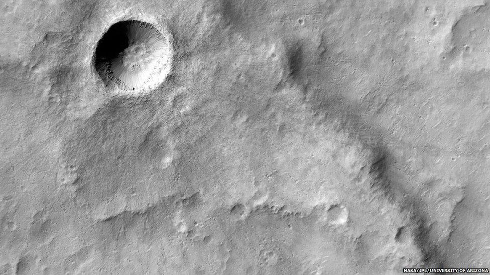 New crater and a wrinkle ridge on Mars