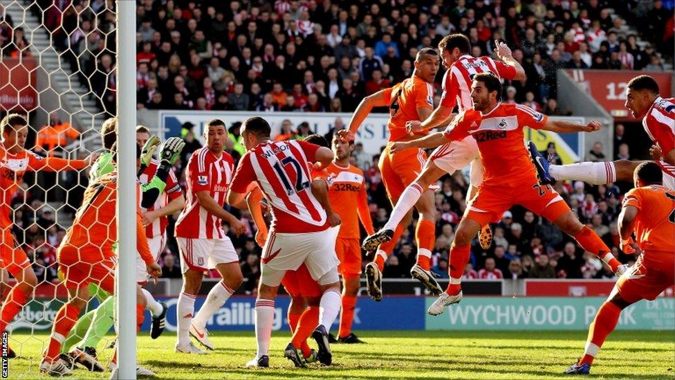 Matthew Upson of Stoke celebrates after scoring their first goal