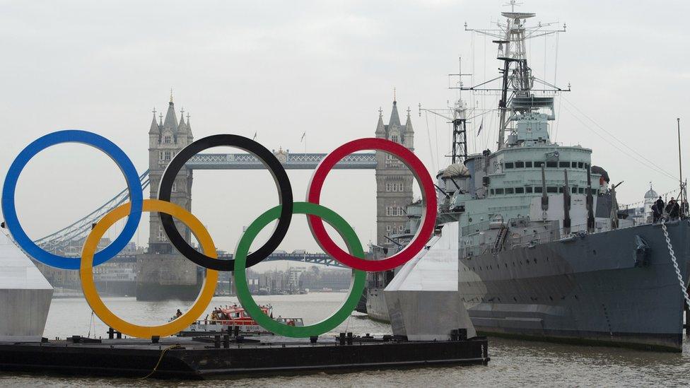 Olympic rings in front of Tower Bridge and HMS Belfast.