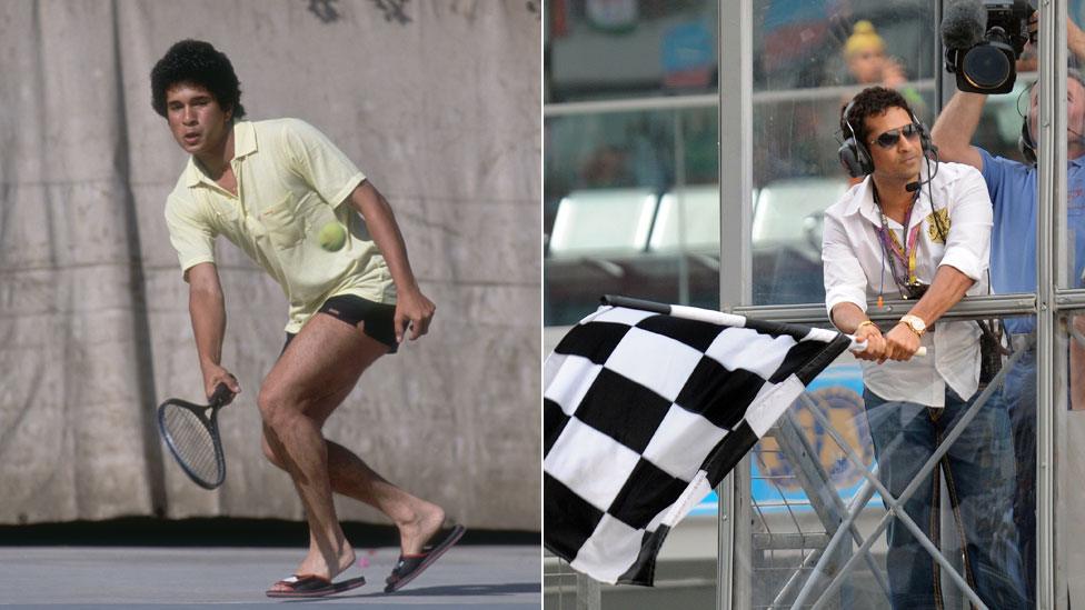 Sachin Tendulkar playing tennis in 1989, and waving the chequered flag at the Indian Grand Prix in 2011