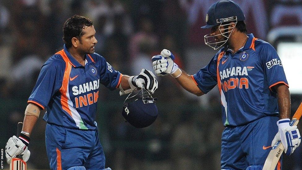 Sachin Tendulkar celebrates after scoring the first one-day international double century