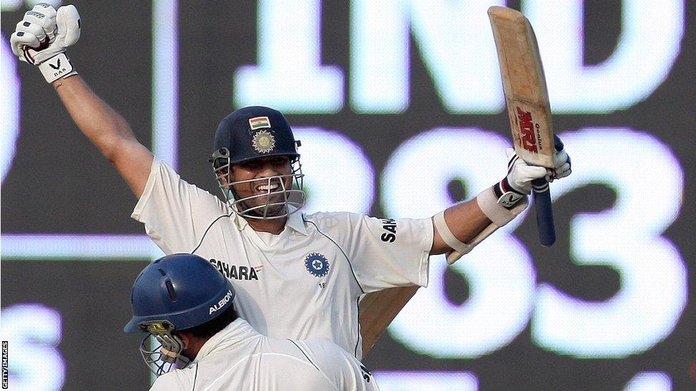 Sachin Tendulkar celebrates after beating England in 2008