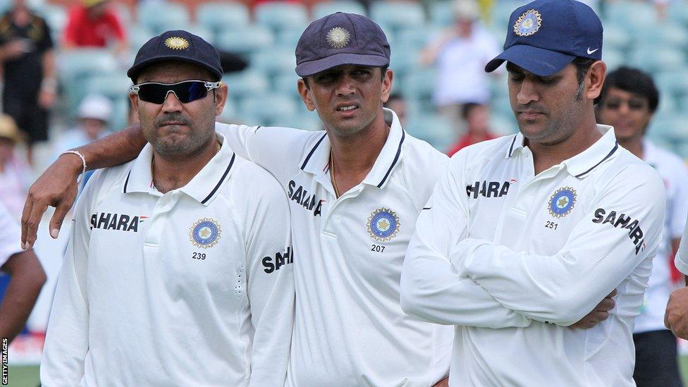 Virender Sehwag, Rahul Dravid and Mahendra Dhoni