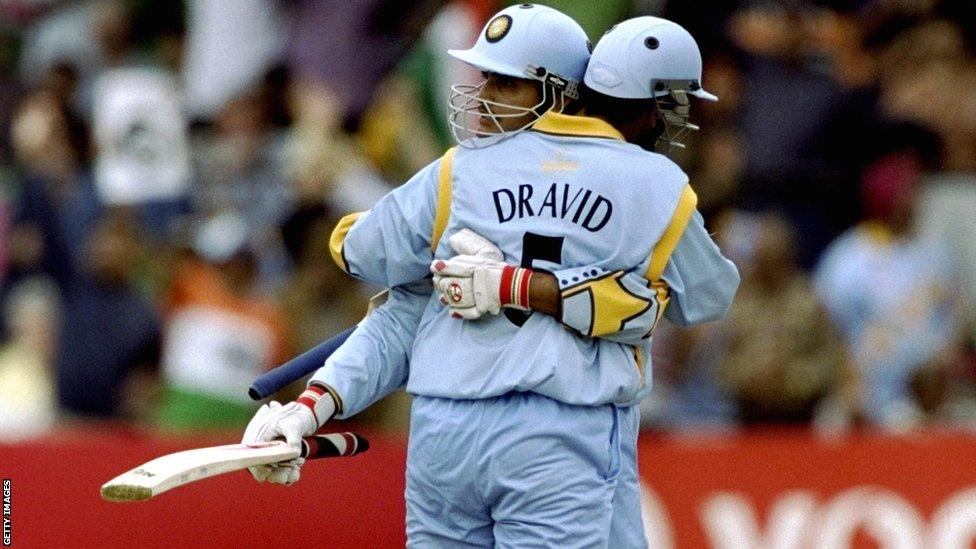 Sourav Ganguly and Rahul Dravid hug during a World Cup match against Sri Lanka at Taunton in 1999