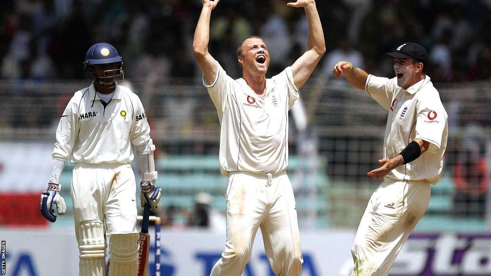 Andrew Flintoff (centre) and Kevin Pietersen (right) celebrate the dismissal of Rahul Dravid (left) in Mumbai