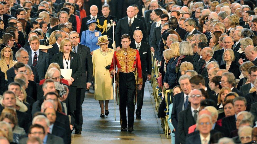 The Queen and Prince Philip entering Westminster Hall