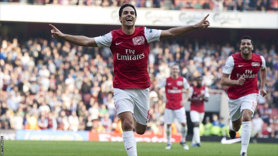 Arsenal's Mikel Arteta celebrates his goal against Aston Villa